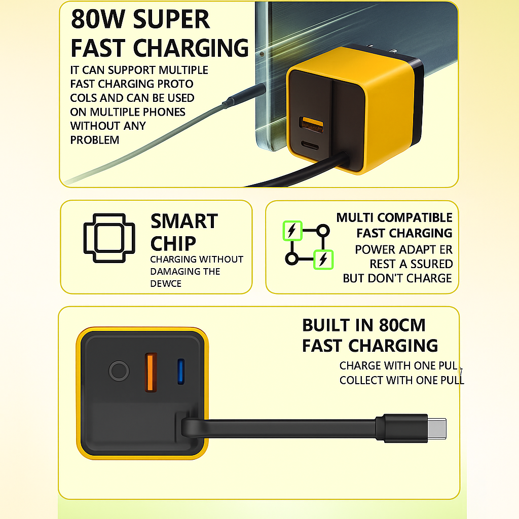 80W USB Charger with Retractable Type C Cable