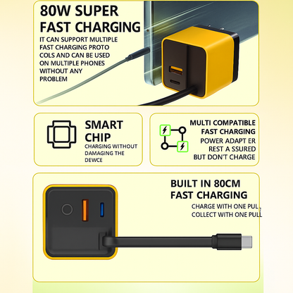 80W USB Charger with Retractable Type C Cable